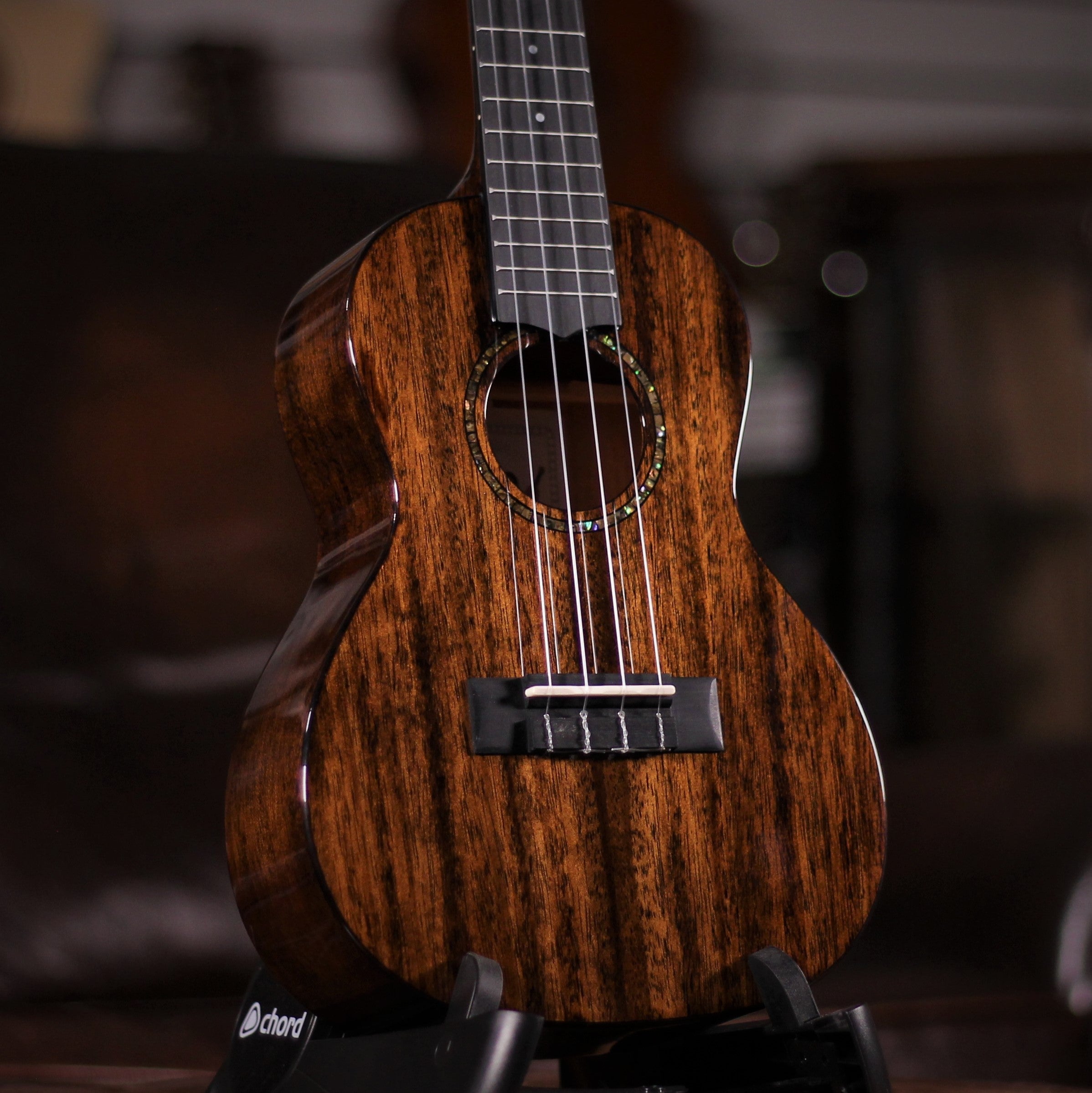 Uma UK-20SC Black Concert Ukulele angled